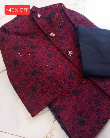 Maroon Floral Pattern Sherwani with Black Trouser- Premium Weeding Wear