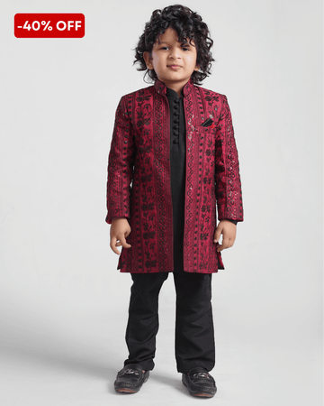 Embroidered Maroon Open Sherwani Suit – Boys Ethnic Formal Wear