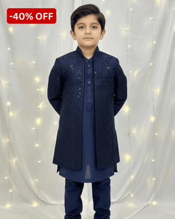 Premium Navy Blue Open Sherwani Suit – Embroidered Fabric (3 Piece)